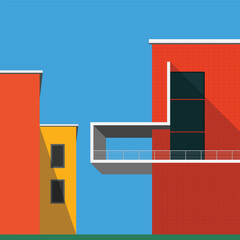 Abstract minimal building with blue sky background. Geometric Modern Architecture Illustration. Minimal Colorful Building on a Sunny Day. Abstract Shapes and Flat colorful building Design. Modern art.