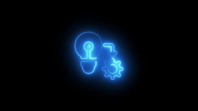 Abstract neon glowing light bulb with arrow and gear icon animation on isolated black background. bright idea to production concept, innovation and implementation concept.