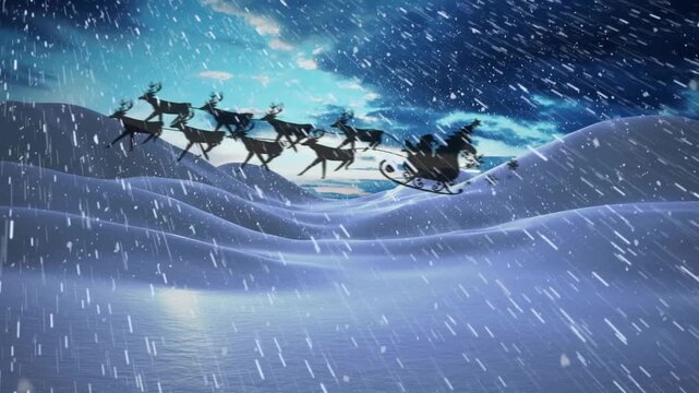 Heavy snowfall starting, Santa riding sleigh behind eight reindeer galloping across snow for gifts