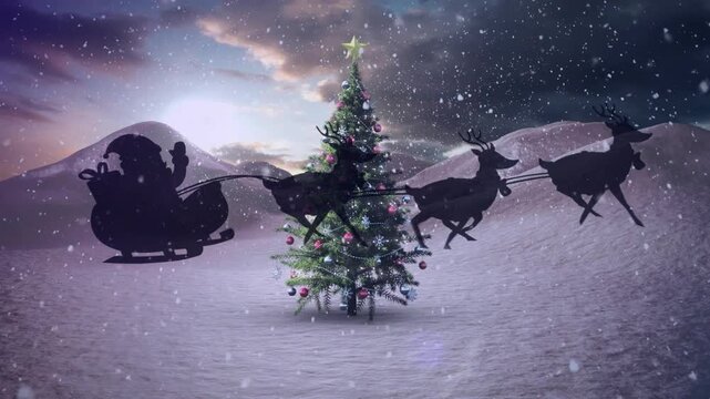 Snowflakes falling sparking Santa guiding reindeer sleigh past glowing Xmas tree spreading cheer