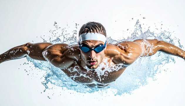 Male Swimmer Performing Butterfly Stroke Isolated on White