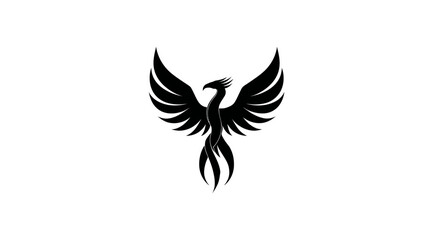 Majestic black phoenix silhouette icon. Mythical bird logo concept symbolizing rebirth, strength, power, and triumph on a clean white background.
