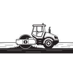 Naklejka premium An essential road roller, rendered in a striking black and white illustration, expertly compacts fresh asphalt during critical infrastructure development.