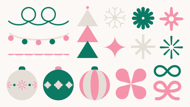 Flat vector style with pink and green colors. Festive vector elements include trees, ornaments, and snowflakes in a flat style. Pastel pink flat graphic illustration festive Christmas element set.
