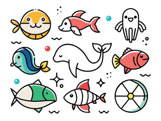 Playful Cartoon Marine Life Featuring Cute Fish Whale And Octopus Icons