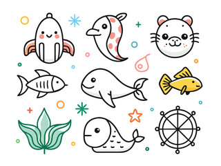 Collection Of Adorable Marine Life In Cartoon Style On A White Background
