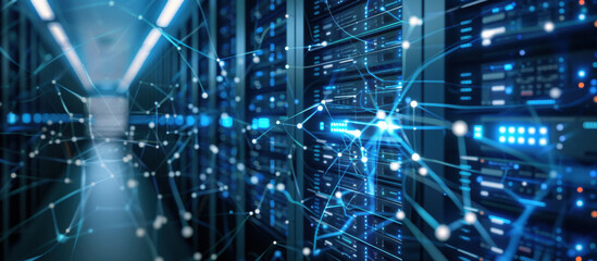Networked Data Center: A sophisticated data center, with rows of server racks, is interconnected by a glowing network, symbolizing the vital flow of information within the digital realm.