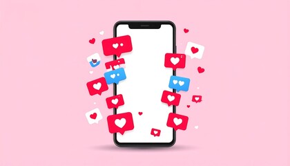 A smartphone graphic with various social media "like" notification bubbles floating around the device