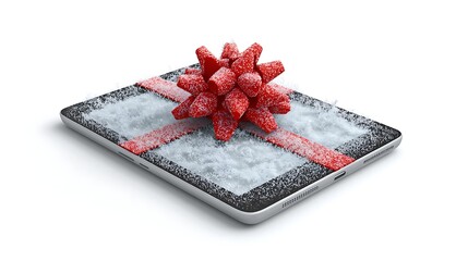 Tablet covered with snow and a red bow isolated on white background