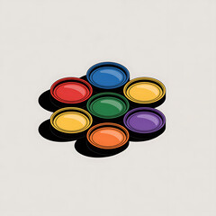 A vibrant cluster of seven colorful bottle caps arranged in a circular pattern on a light background