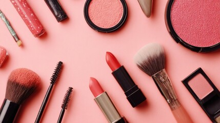 assorted makeup on a pink background