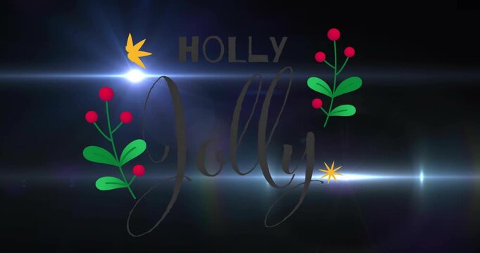 Beams sweeping dark canvas HOL fading HOLLY forming Jolly drawing accents popping, revealing title