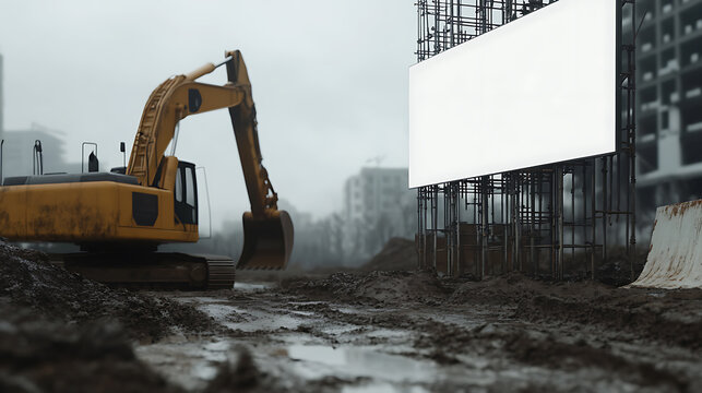 Excavator at construction site on a cloudy day. Infrastructure development & blank hoarding amidst muddy ground. Yellow excavator on the left adds vibrant contrast.