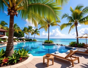 Fototapeta premium Lush palm trees sway gently beside a serene pool at a luxurious tropical resort, summer, clear