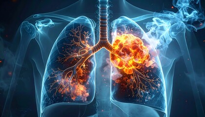 Medical rendering of human lungs with an internal cancerous growth