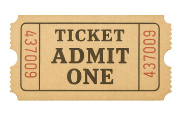 Vintage admit one ticket inviting single entry to events and entertainment, transparent background