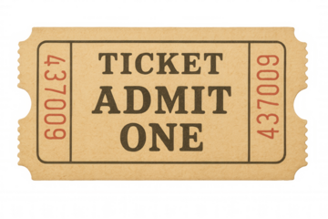 Vintage admit one ticket inviting single entry to events and entertainment, transparent background