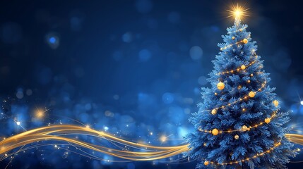 A christmas tree decorated with golden ornaments and lights against a dark blue bokeh background