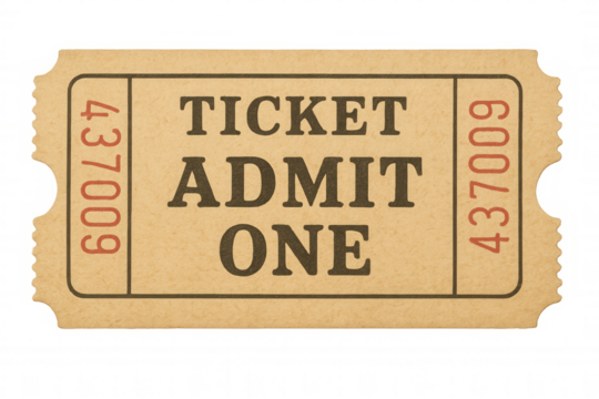 Vintage admit one ticket inviting single entry to events and entertainment, transparent background