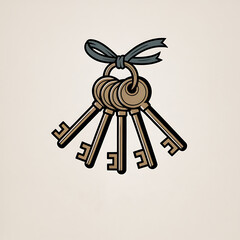 Vintage illustration of a tied bunch of old skeleton keys with a blue ribbon bow on a light background
