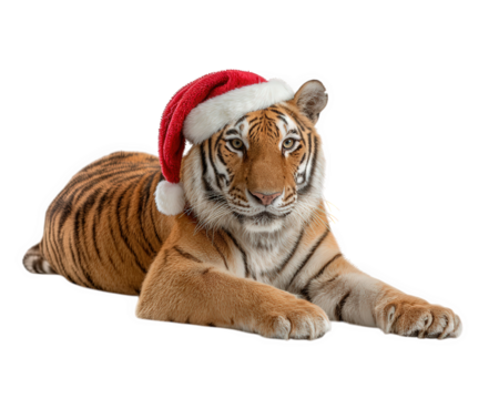 Majestic tiger wearing red santa hat for christmas holiday. This festive wildlife animal lying down calm and isolated on transparent background, looking straight