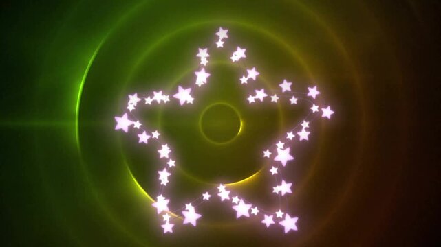Particles swirling outward forming star as rings shifting colors with lens-flare for cosmic theme