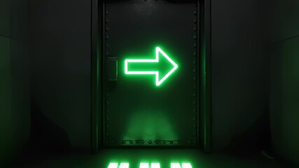 Navigating a Glowing Green Arrow in a Dark Industrial Hallway - Powered by Adobe