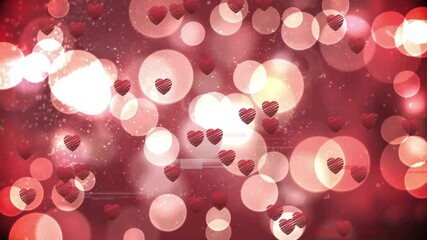 When red bokeh circles begin pulsing, small red sketch hearts floating diagonally up, filling scene - Powered by Adobe