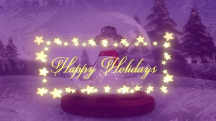Snow globe shaking star lights drifting into glowing border revealing Happy Holidays greeting - Powered by Adobe
