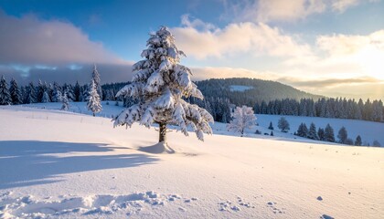 Snowy Winter Landscape with Lone Evergreen Tree in Golden Hour Light.