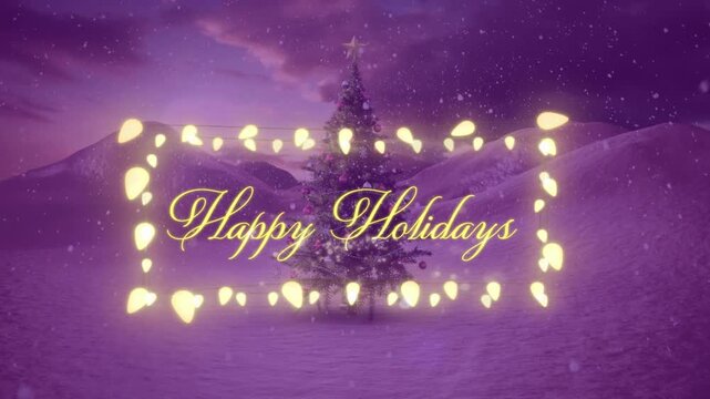 Snowflakes initiating golden particles forming frame around decorated tree pulsing Happy Holidays