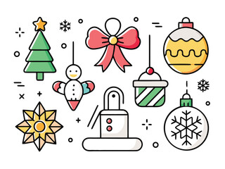 Festive Christmas Ornaments And Shapes Are Displayed In A Cartoon Style Art