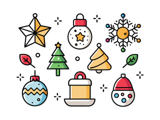 Colorful Festive Icons Including Trees Star And Baubles In A Cartoon Style