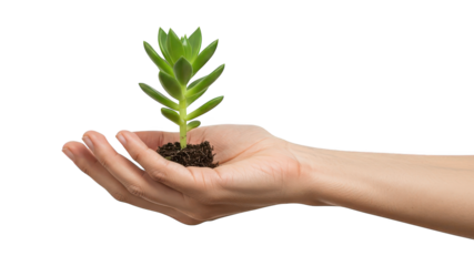 Human hand gently cradles a small green plant growing from soil.
