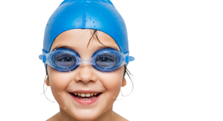 Happy Child Wearing Blue Swimming Cap and Goggles Isolated on Transparent Background Enthusiastic for Pool Activity