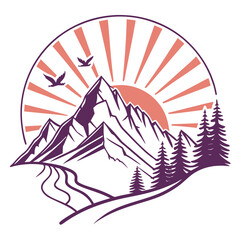 Scenic mountain landscape illustration with birds