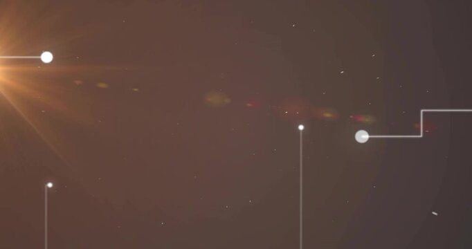 Lens flare shining from left sparking white dots descending, linking into expanding node network
