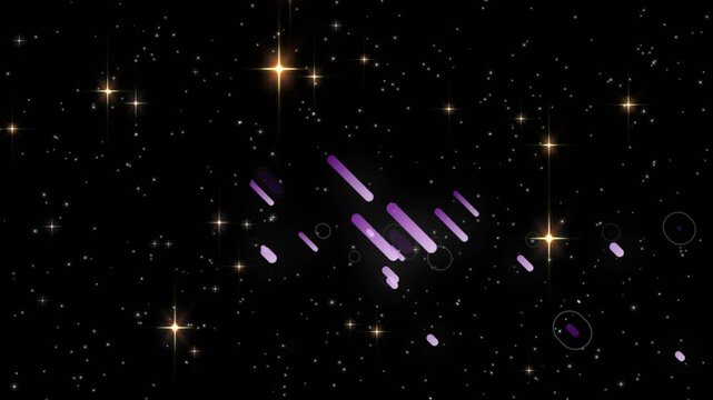 Opening on starry field, purple shapes emerging, converging, dispersing, revealing golden flares