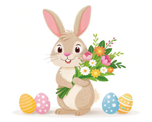 Two rabbits with blue eyes hold a bouquet of flowers on a background of hearts