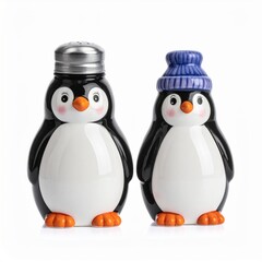 Fototapeta premium Two Ceramic Penguin Figurines in Blue Hat on White Background