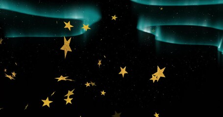 Upon void reveal, golden stars drifting inward, rotating to form vortex, aurora ribbons pulsing - Powered by Adobe