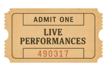 Admit one ticket for live performances, showing vintage admission entry with serial number