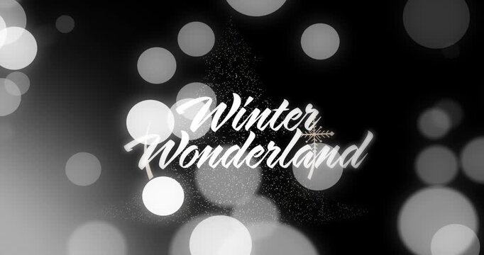Drifting bokeh circles forming tree snowflake shining gold arc drawing revealing winter wonderland