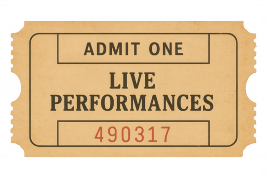 Admit one ticket for live performances, showing vintage admission entry with serial number