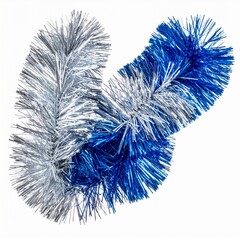 Obraz premium Blue and Silver Sparkling Christmas Tinsel Garland on White Background