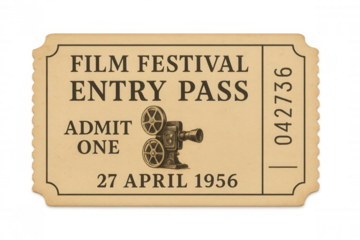 Vintage film festival entry pass with film projector illustration, admit one ticket from 1956, transparent background