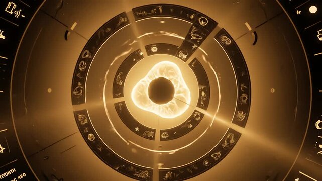 Cosmic Wheel of Zodiac Symbols and Glowing Energy Orb with Abstract Forms