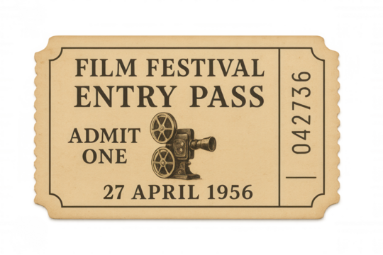 Vintage film festival entry pass with film projector illustration, admit one ticket from 1956, transparent background - Powered by Adobe