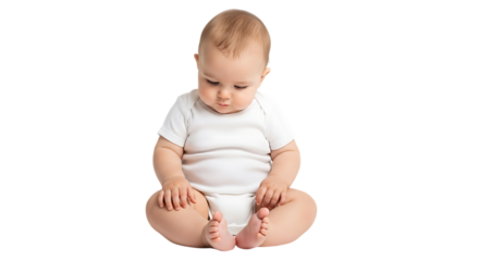 Cute baby boy sitting on transparent background looking down thoughtfully wearing a white onesie and diaper expressing innocence and childhood wonder on transparent background