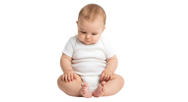 Cute baby boy sitting on transparent background looking down thoughtfully wearing a white onesie and diaper expressing innocence and childhood wonder on transparent background